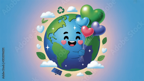 Smiling earth with balloons and leaves on blue background symbolizing eco friendly and environmental conservation