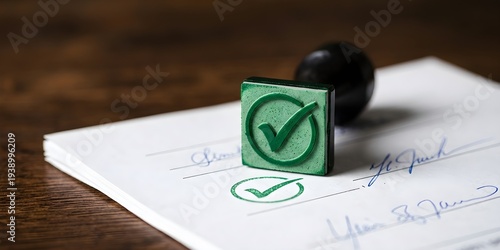 Minimalist Conceptual Close Up Rubber Stamp Checkmark Approving Document Compliance Regulation on Dark Oak Wood Surface with Artistic Lighting Textures Photography