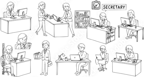 Black and White Line Art of Female Secretaries Working in Office Environment