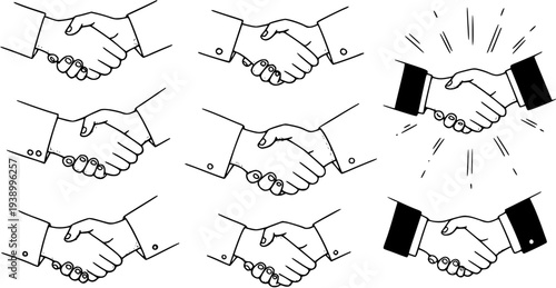 Handshake Business Deal Agreement Concept, Black and White Line Art Stock Illustration