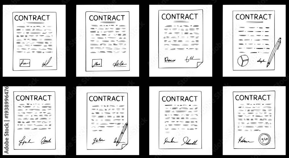 Obraz premium Black and White Line Art Contracts with Signatures and Seals, Business Document Vector