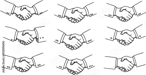 Black and White Line Art of Business Handshake Agreement in a Grid Layout