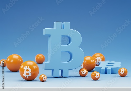 Large blue Bitcoin symbol surrounded by smaller orange spheres with Bitcoin logos on a blue gradient background