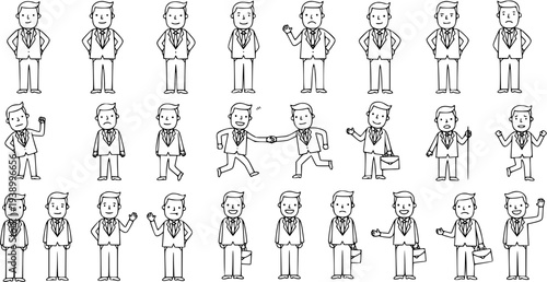 Black and White Line Art Businessmen Characters Set with Diverse Poses and Emotions for Corporate Professional Concepts
