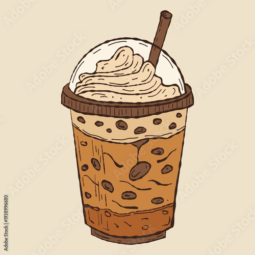 Iced Coffee with Straw Illustration. Cold Brew Cup Illustration. Iced Coffee Drink. Hand drawn beverage