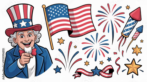 Uncle sam celebrates with fireworks and american flags on patriotic holiday