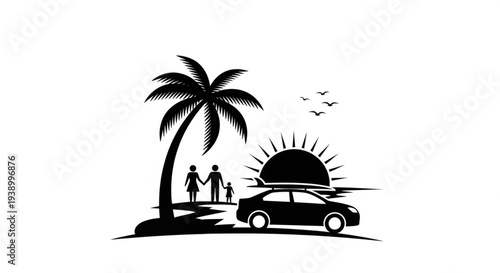 A family at tropical island with palm trees and sun