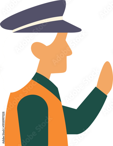 Person in orange vest and cap directing traffic, holding hand up