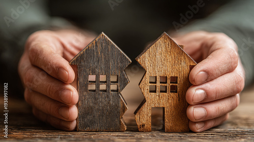 property division concept showing hands pulling apart two wooden houses to illustrate divorce settlement real estate separation legal dispute and split home ownership