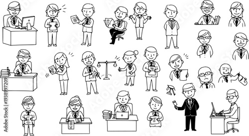 Black and White Line Art of Business Professionals in Various Poses, Office and Legal Themes