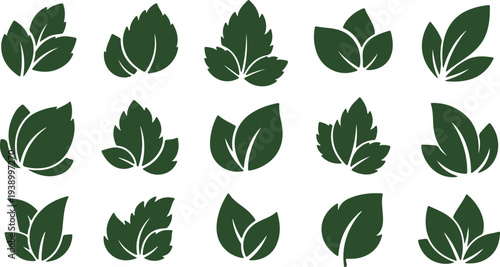 Collection of dark green leaf icons in various styles.