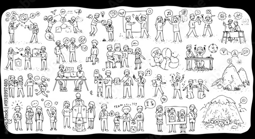 Black and White Line Art Illustration of Diverse People Collaborating in Business and Creative Projects