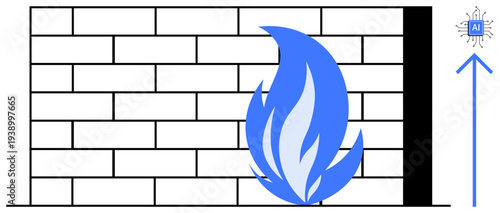 Network security, data protection, AI integration, cybersecurity systems, firewall defense, online safety. Blue flame in front of a brick wall with AI chip symbol. Network security and data