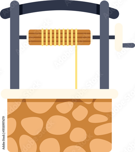 Stone water well featuring a rope and wooden windlass for drawing water