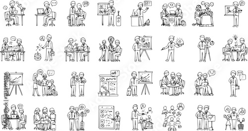 Business Teamwork Black  White Line Art Icons Set. Hand-drawn sketches of office professionals, meetings, collaboration, and communication concepts.