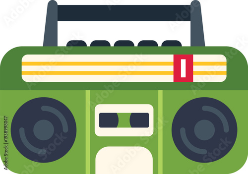 Green retro boombox or cassette player for vintage music and audio entertainment