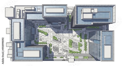 Aerial view of modern office buildings surrounding a green courtyard.