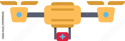 Quadcopter drone carrying a first aid kit, representing healthcare delivery and emergency technology