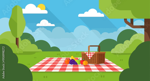 Picnic basket and fruits on blanket in park on sunny day