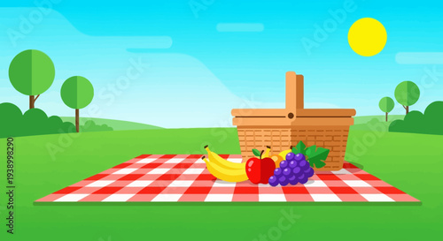 Picnic basket and fruit on blanket in sunny park field