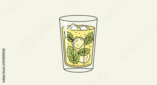 Refreshing drink with ice and mint leaves in a glass