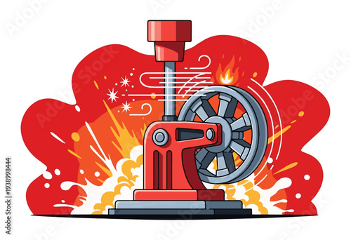 Vibrant red steam engine with dynamic motion and fiery background