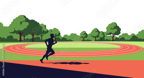 Runner silhouette on track field with green trees