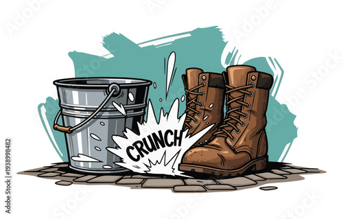 Vibrant illustration of work boots and bucket with dynamic crunch effect