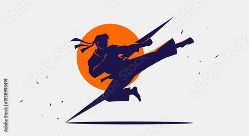 Silhouette martial artist delivering powerful high kick with sun background