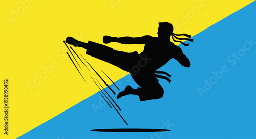 Silhouette martial artist performing flying kick on yellow and blue background