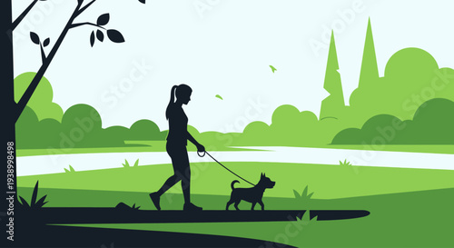 Silhouette of woman walking her dog in a green park