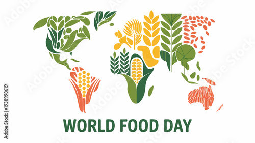 World food day illustration with colorful globe made of plants and grains on white background