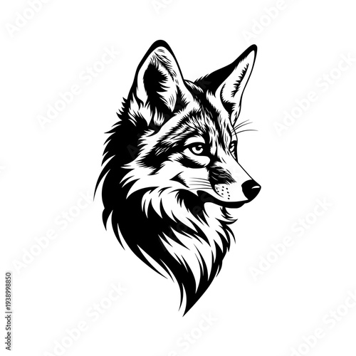 black white fox head portrait logo vintage ink sketch vector illustration.