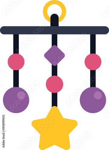 Baby mobile hanging with a star, beads, and geometric shapes for crib decoration