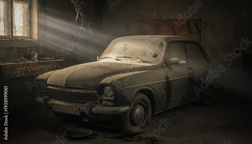 An old abandoned vintage car sitting on a rainy street with wet pavement and a quiet atmosphere