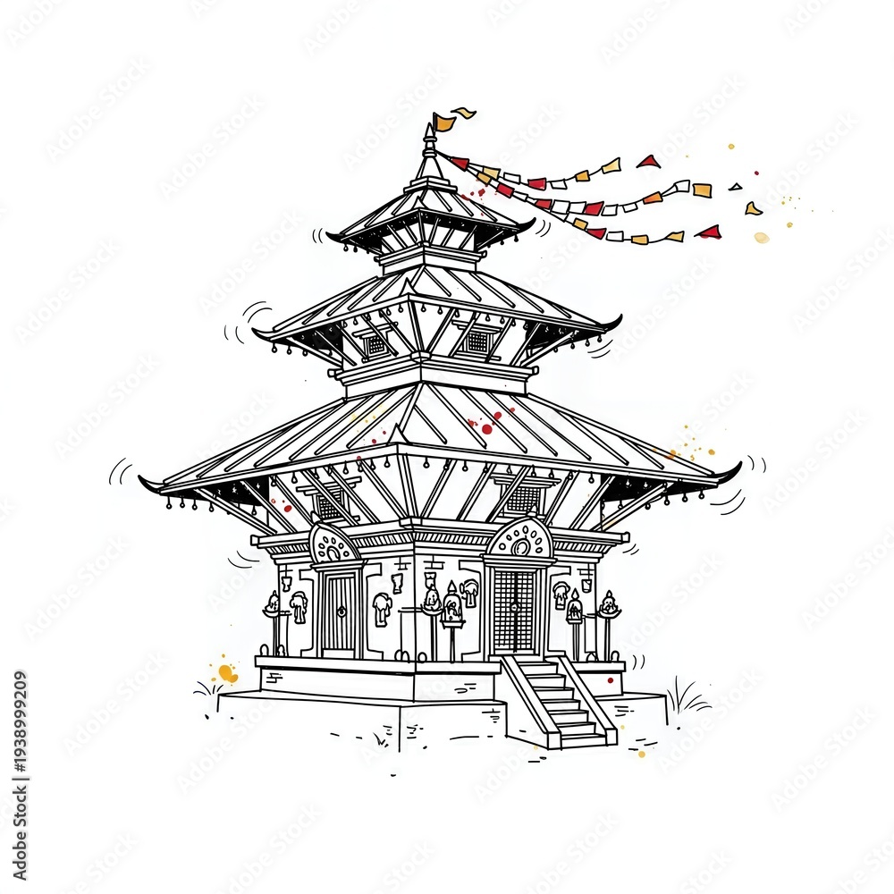 Naklejka premium Beautiful Traditional Nepali Temple Architecture with Prayer Flags and Himalayan Cultural Heritage