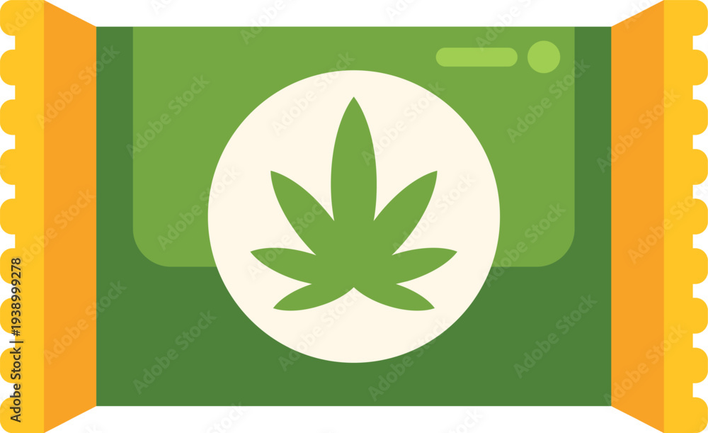 Obraz premium Green and yellow package containing a cannabis leaf symbol, representing marijuana edibles
