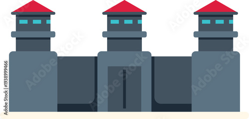 Prison building featuring high walls, a main gate, and lookout towers