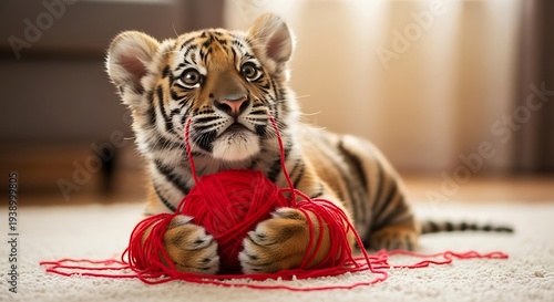 Cute tiger cub playing with yarn.