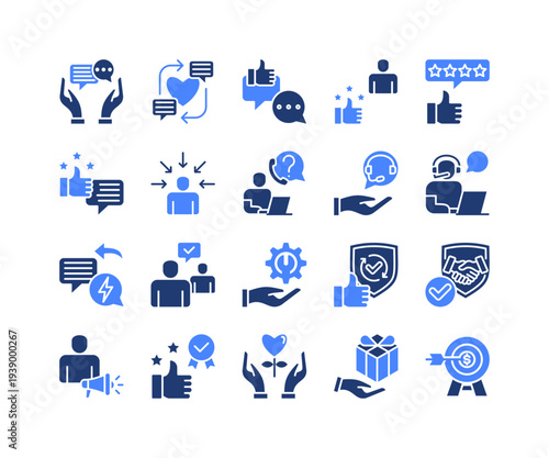 Customer Engagement Icon Collection,  featuring Customer Engagement, Communication Channel, Satisfaction Level, Helpdesk Support, Service Response, Advocacy Program, Appreciation Gift.