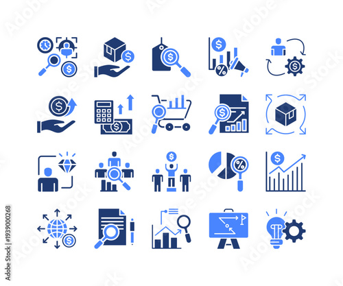 Sales Strategy Icon Collection,  featuring Pricing Strategy, Promotion Campaign, Sales Distribution, Market Expansion, Revenue Stream, Profit Target, Competitive Analysis.