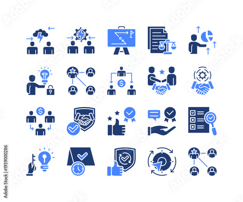 Risk Management Icon Collection,  featuring Conflict Resolution, Conflict Interest, Responsibility, Reliability, Evaluation Process, Problem Handling, Consistency.