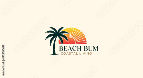 Beach Bum Coastal Living Logo with Palm Tree and Sunset.