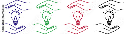 Light bulb in cupped hands illustration vector collection different colors symbol of ideas