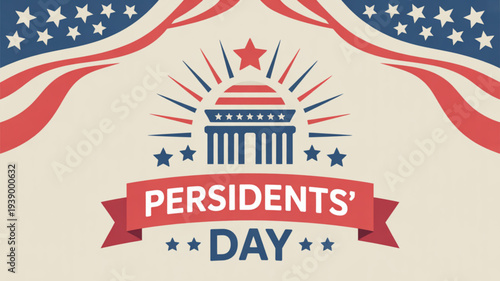 Presidents' day graphic with american flag and white house illustration on beige background