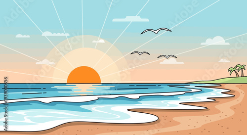 Serene beach scene with sun setting over the ocean.