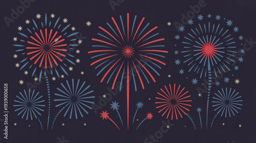 Vibrant fireworks display with red and blue explosions against dark background perfect for celebrations and festive events