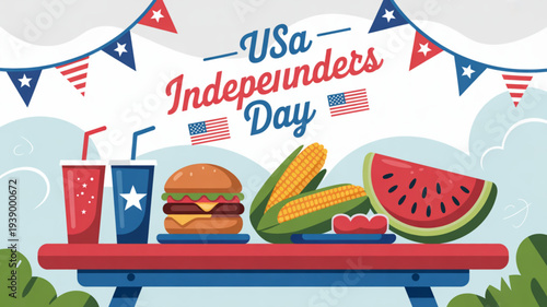Usa independence day celebration with patriotic food and drinks on a red picnic table with american flags and bunting
