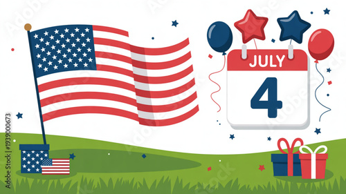 Independence day celebration with american flag calendar showing july 4th balloons and gift boxes on a green lawn