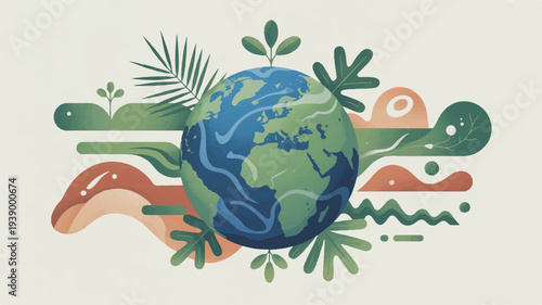 Earth surrounded by colorful leaves and abstract shapes on beige background symbolizing eco friendly environment and nature conservation